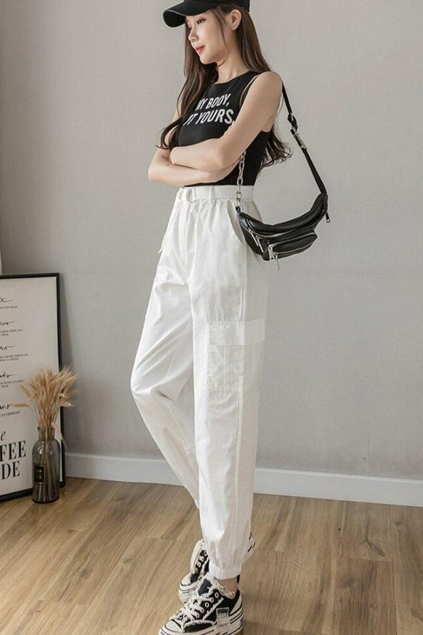 High Waist  Women's Looses Cargo Pants With belt nine-point harem pants Colorfur  high waist pants sashes pockets office pants - Takalr