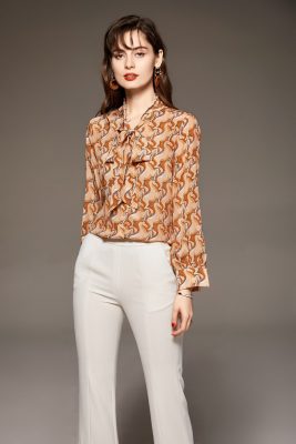 100% Silk Women's Shirt Lace Up Bow Collar Long Sleeves Animals Cartoons Printed Fashion Casual Blouse Tops