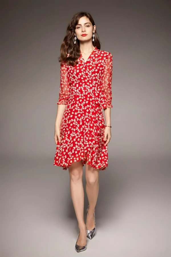 100% Natural Silk Women's Dresses Sexy V Neck 3/4 Sleeves Printed Ruffles Lace Up Elegant Holiday Dress Vestidos