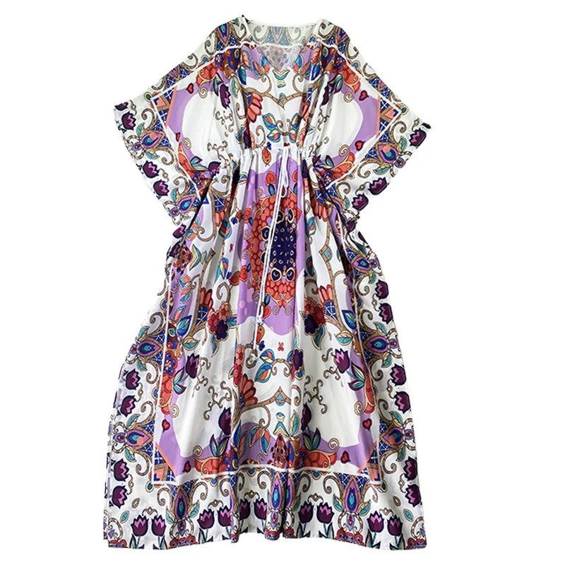 Women's Runway Dresses Sexy V Neck Loose Design Batwing Sleeves Printed Empire Waist Lace Up Maxi Dress Robes Vestidos - Image 2