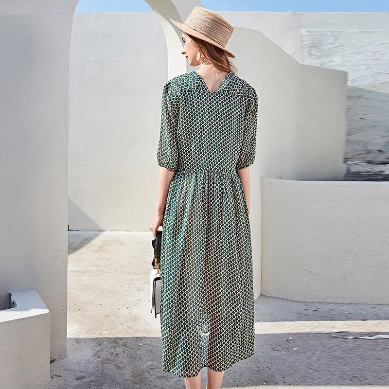 100% Silk Women's Runway Dresses Sexy V Neck Half Sleeves Printed Lace Up Waist Fashion Casual Holiday Dresses - Image 8