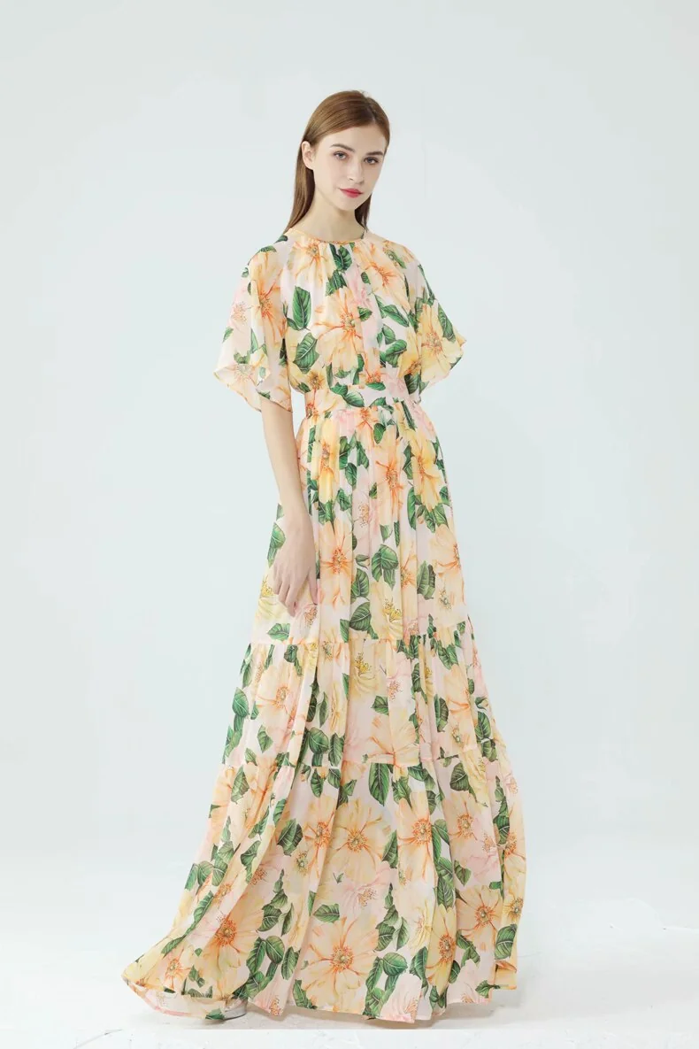 Women's Runway Dresses O Neck Short Sleeves Floarl Printed Ruffles High Street Fashion Long Maxi Dresses with Plus Sizes - Image 2