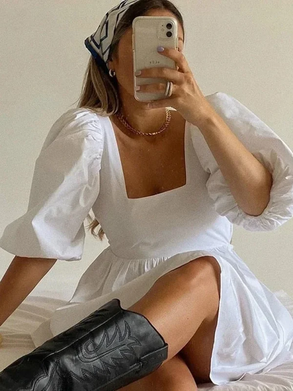 Sexy Backless Lace Up White Women Dress Summer Puff Sleeve Square Collar High Waist a-Line Party Nightclub Female Mini Dress