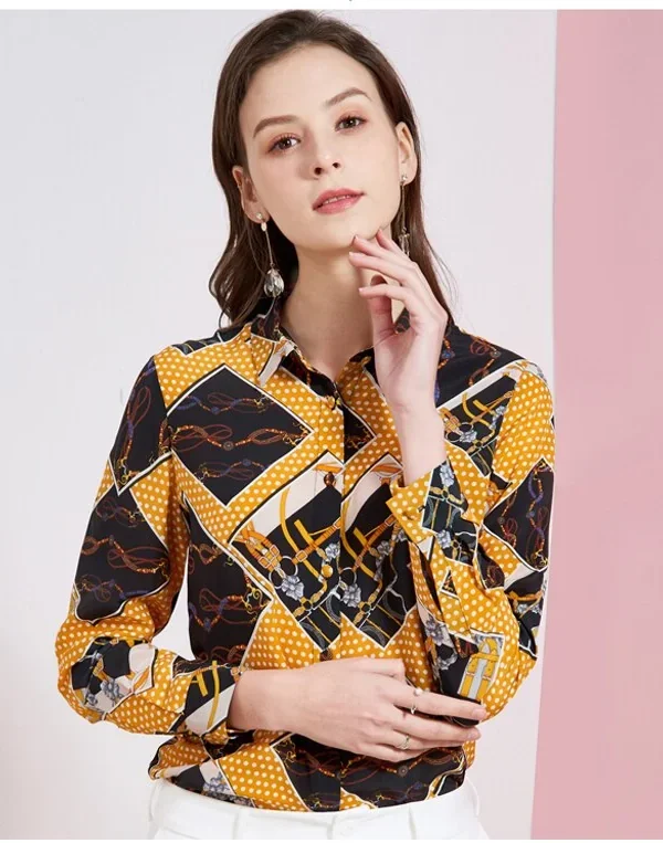 100% Pure Silk Women's Runway Shirts Turn Down Collar Long Sleeves Printed Fashion Casual Ladies' Blouse Shirt