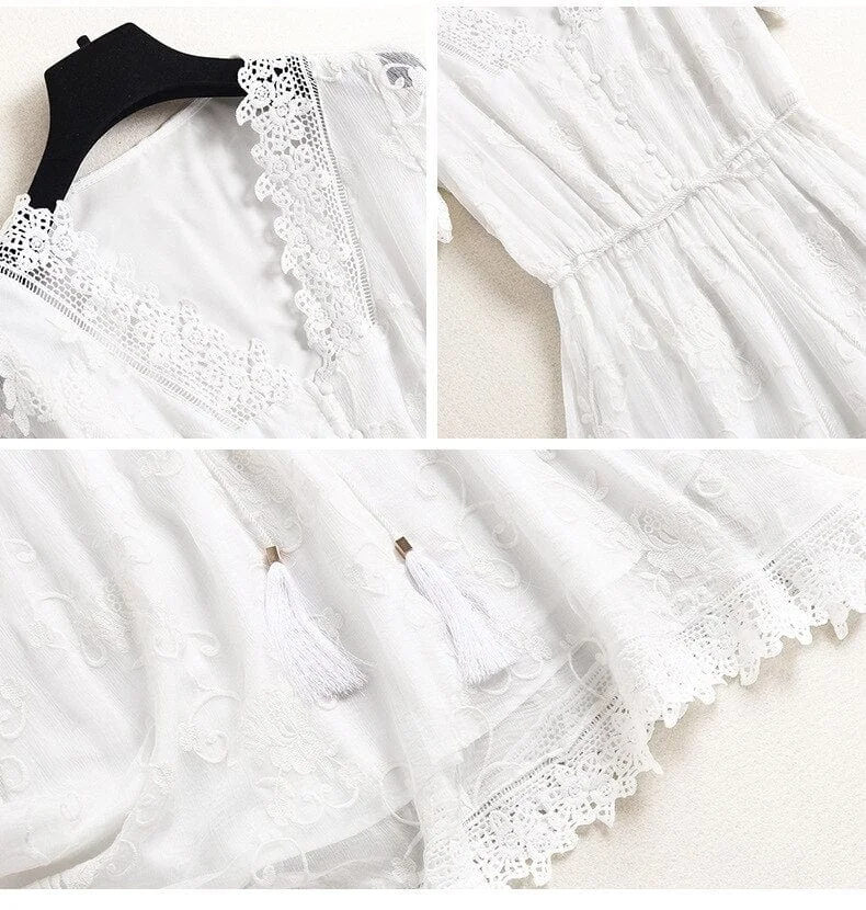100% Natural Silk Women's Dresses V Neck Short Sleeves Embroidery Lace Up Elegant Summer Dress Vestidos - Image 8