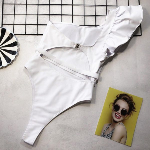 Sexy Solid Color Swimwear Women 2021New Arrival One The Shoulder Ruffles One Piece Swimsuit With Belt Backless Monokini - Takalr