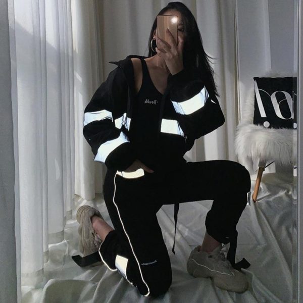 Spring Reflective Cargo Pants Women Casual Harajuku BF Reflective SweatPants  Women Loose Solid Black Trousers Pocket - Takalr