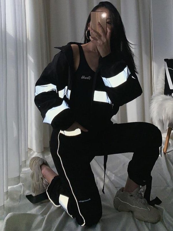 Spring Reflective Cargo Pants Women Casual Harajuku BF Reflective SweatPants  Women Loose Solid Black Trousers Pocket - Takalr