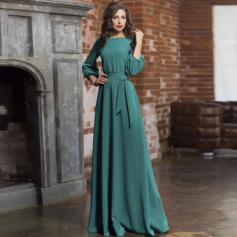 Bandage Maxi Long Dress Lantern Sleeve O Neck A-Line Pocket Casual Temperament Fashion Summer Beach Style