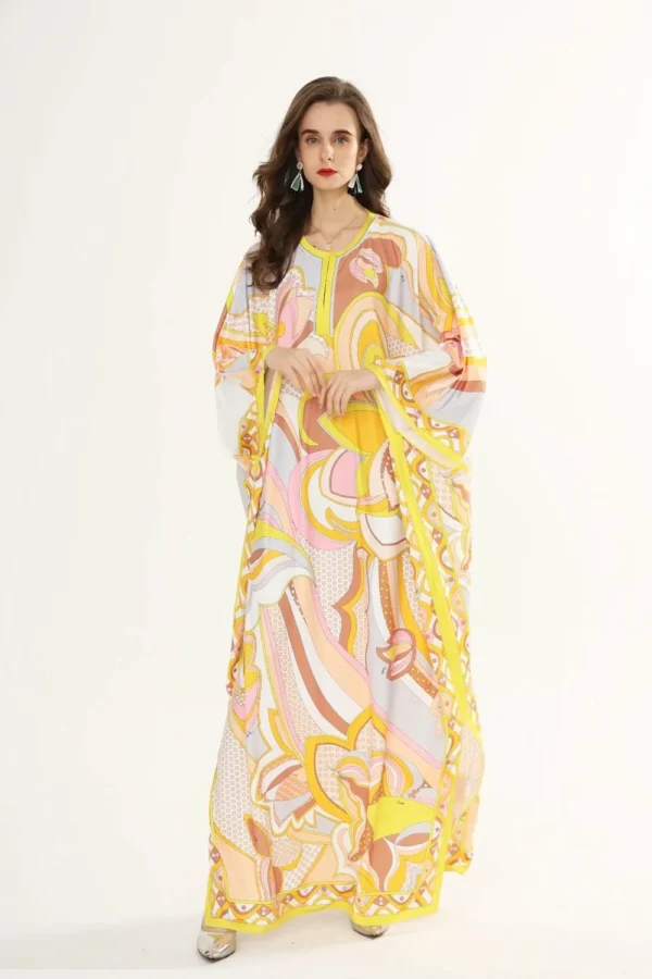 Women's Runway Dresses O Neck Batwing Sleeves Printed Loose Deisgn Plus Sizes Holiday Knitted Elastic Long Maxi Dresses
