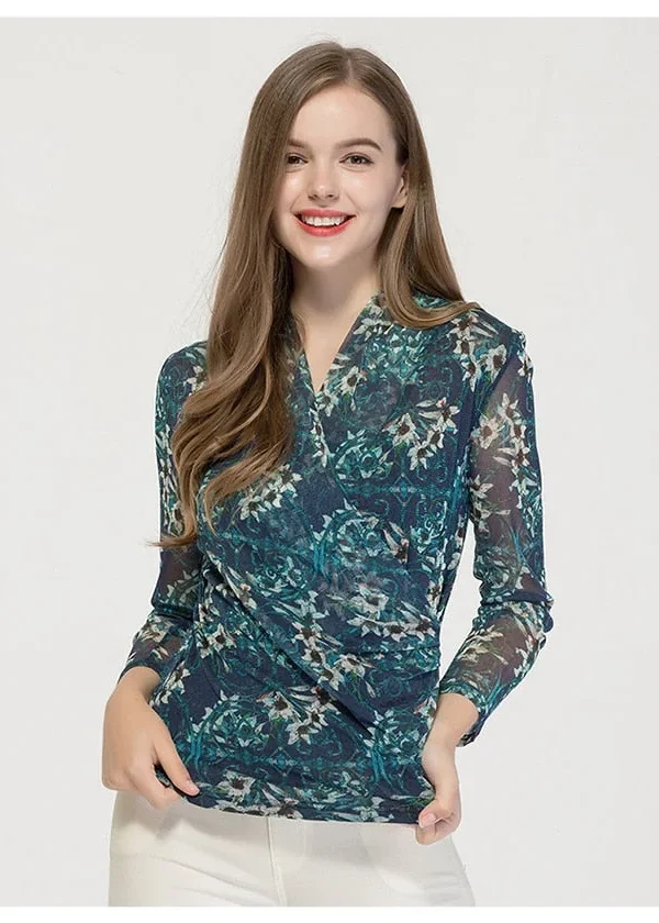 100% Pure Silk Women's Runway Shirts Sexy V Neck Long Sleeves Printed Criss Cross Elegant Knitted Silk Blouse