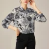 100% Silk Shirt O Neck Floral Printed Long Sleeves Elgant High Street Blouse Tops Camisa