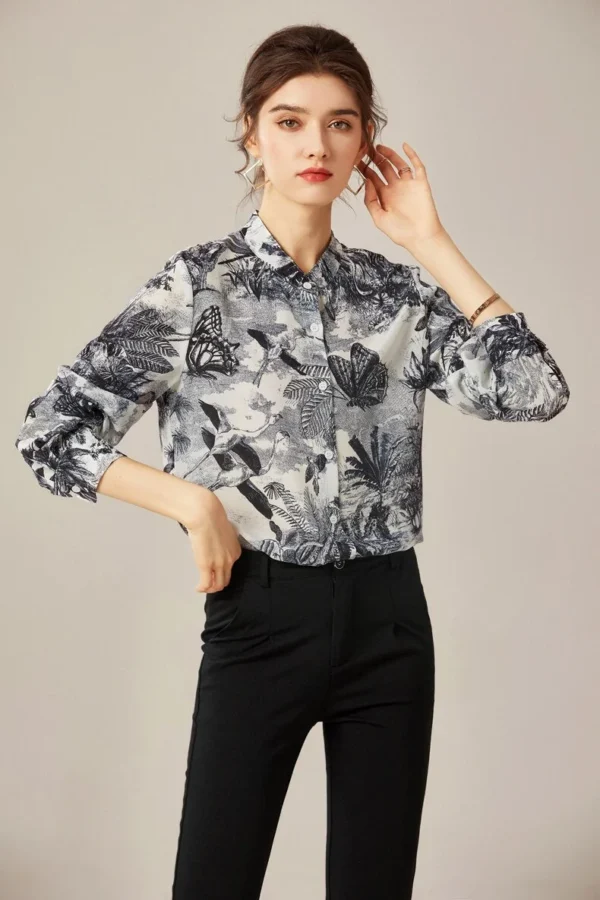 100% Silk Shirt O Neck Floral Printed Long Sleeves Elgant High Street Blouse Tops Camisa