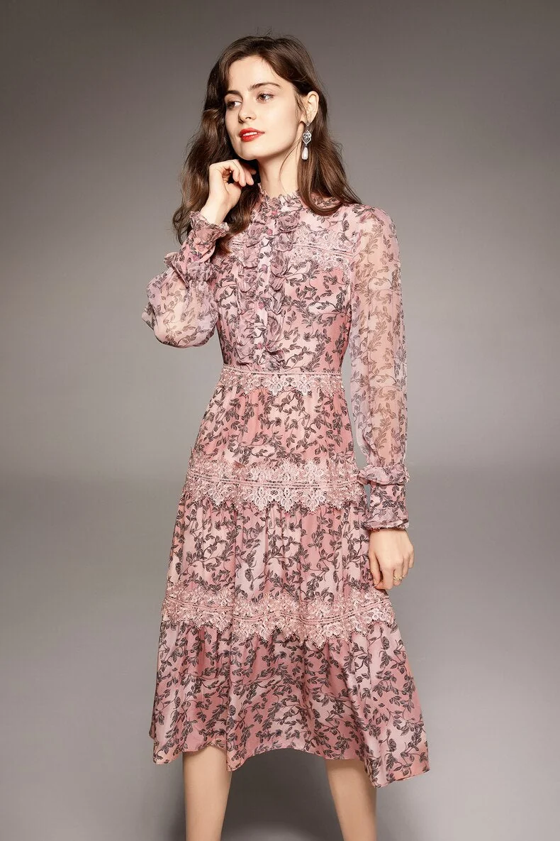 100% Natural Silk Women's Dresses O Neck Long Sleeves Ruffles Tired Lace Patchwork Printed Fashin Dress Vestidos - Image 3