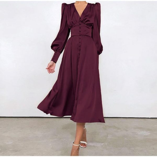 Polka Dot High Waist Midi Dresses Women V-Neck Sweet Long Puff Sleeve Elegant Dress Female 2021 Christmas Lady Party Vestidos - Takalr