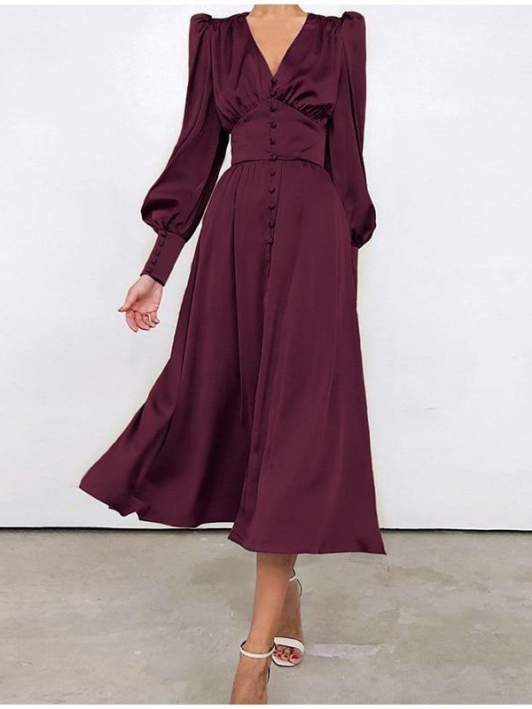 Polka Dot High Waist Midi Dresses Women V-Neck Sweet Long Puff Sleeve Elegant Dress Female 2021 Christmas Lady Party Vestidos - Takalr