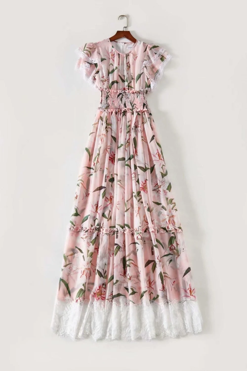 Women's Runway Dresses O Neck Short Flare Sleeves Floral Printed Ruffles Lace Patchwork Long Designer Dresses - Image 8