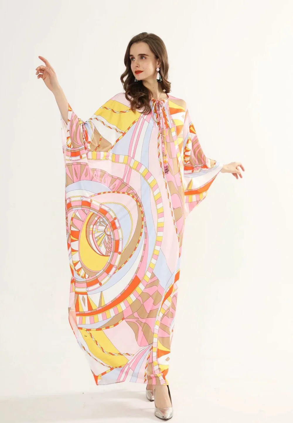Women's Runway Dresses O Neck Lace Up Tassels Batwing Sleeves Printed Loose Plus Sizes Holiday Knitted Elastic Long Maxi Dress - Image 4