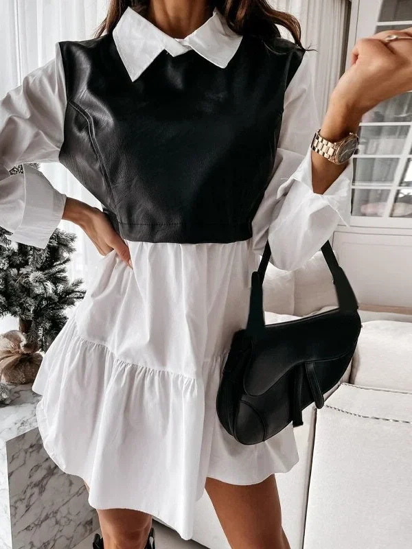 Office Lady Pu Patchwork a Line Casual Dress Long Sleeve Turn Down Shirt Dress  Summer Fashion High Waist Loose