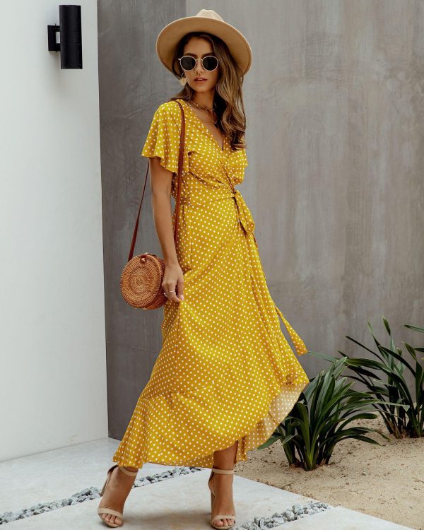 Summer Maxi Dress Women Polka Dot Sexy V Neck Ruffles Short Sleeve Holiday Long Beach Sundress Ladies Lace Up Wrap Party Dresses - Takalr