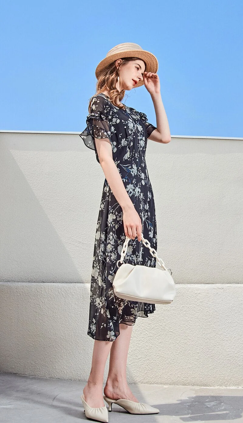 100% Silk Women's Runway Dresses V Neck Short Sleeves Printed Ruffles Fashion Casual Summer Dresses - Image 3