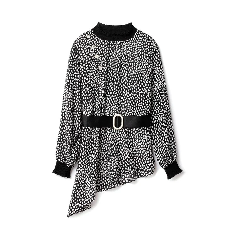100% Natural Silk Women's Shirt O Neck Long Sleeves Dots Printed Asymmetrical Fashion Blouse Tops - Image 7