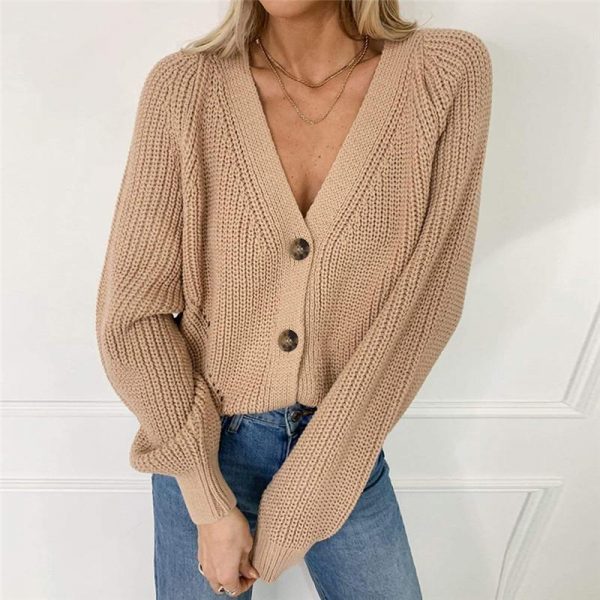 Women Solid Casual Sweater Oversize V Neck Knitted Cardigans 2020 Autumn Warm Loose Lantern Sleeve Single Row Button Female Coat - Takalr