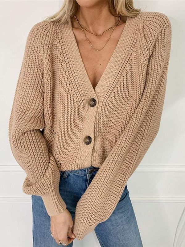 Women Solid Casual Sweater Oversize V Neck Knitted Cardigans 2020 Autumn Warm Loose Lantern Sleeve Single Row Button Female Coat - Takalr