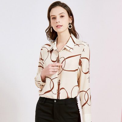 100% Pure Silk Women's Runway Shirts Turn Down Collar Long Sleeves Printed Fashion Casual Blouse Shirt