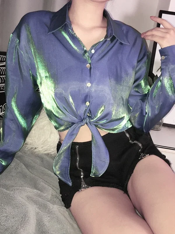 Fashion Bright Satin Blouse Women Button Lace Up Lady Blouse Shirts Long Sleeve Solid Color Sexy Tops For Party  New