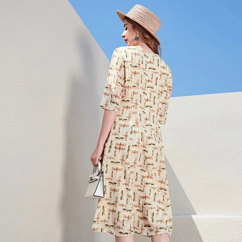 100% Silk Women's Runway Dresses Sexy V Neck 3/4 Sleeves Printed Fashion Holiday Summer Dresses - Image 5