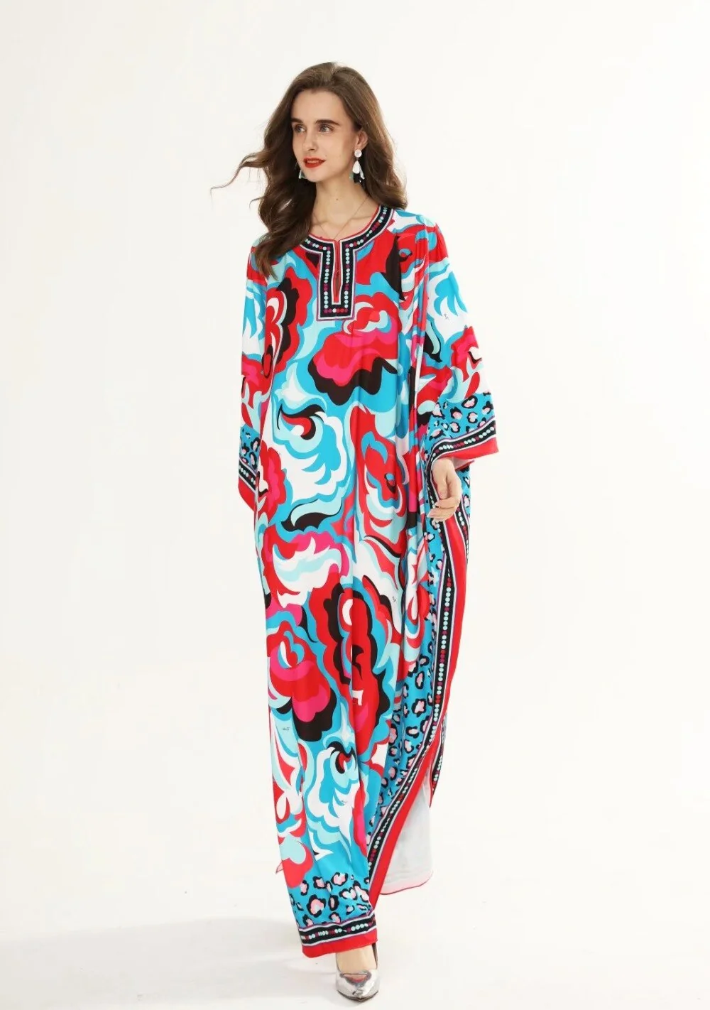 Women's Runway Dresses O Neck Batwing Sleeves Loose Plus Sizes Printed Knitted Elastic Maxi Long Dresses - Image 5