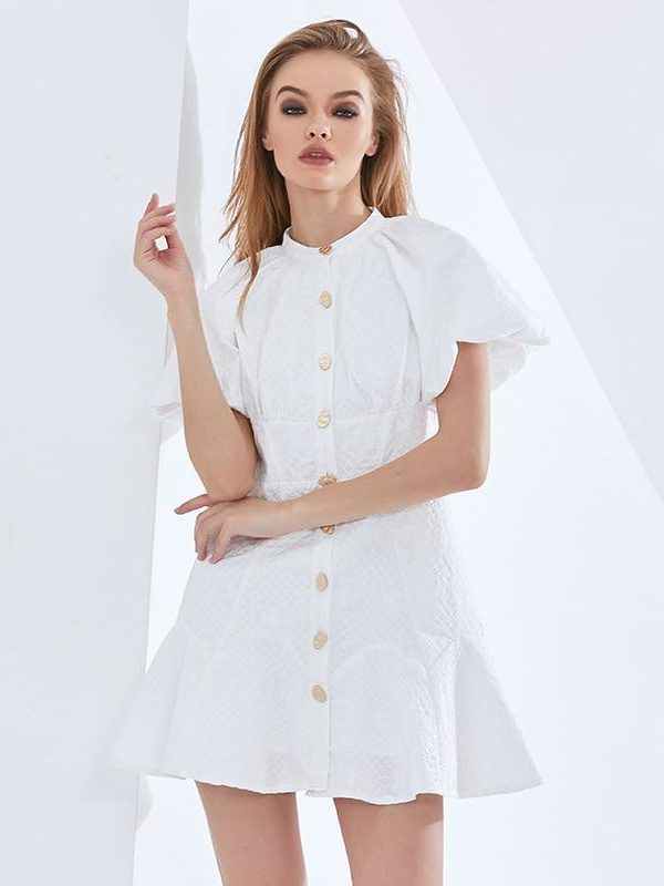 White Elegant Oversized Dress For Women O Neck Puff Sleeve High Waist Female Summer Dresses Womens Clothing 2021 - Takalr