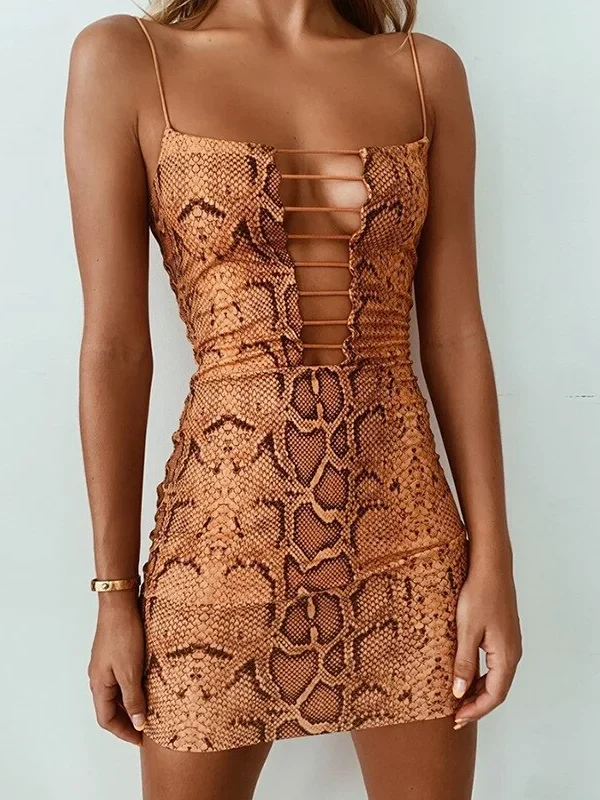 Sexy Bodycon Spaghetti Strap Snake Print Dress Woman American Style Sling Halter Hollow Slim Fit Hip Backless Mini Dress
