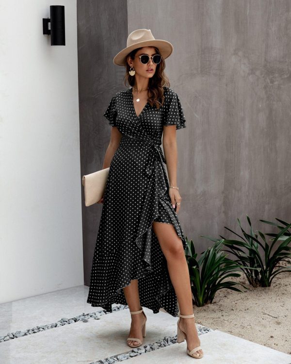 Summer Maxi Dress Women Polka Dot Sexy V Neck Ruffles Short Sleeve Holiday Long Beach Sundress Ladies Lace Up Wrap Party Dresses - Takalr