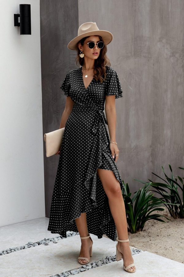 Summer Maxi Dress Women Polka Dot Sexy V Neck Ruffles Short Sleeve Holiday Long Beach Sundress Ladies Lace Up Wrap Party Dresses - Takalr