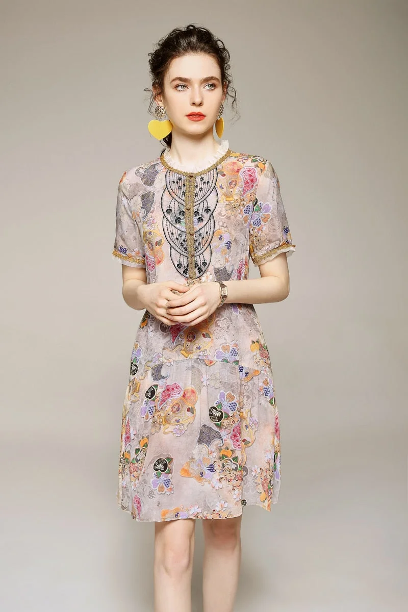 100% Women's Runway Dresses O Neck Ruffles Short Sleeves Embroidrey Lace Patchwork Printed Fashion Floral Dresses - Image 5