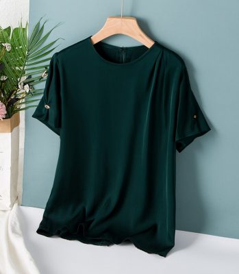 100% Silk Women's Shirt O Neck Short Ruched Sleeves Fashion Pullover Camisa Tops