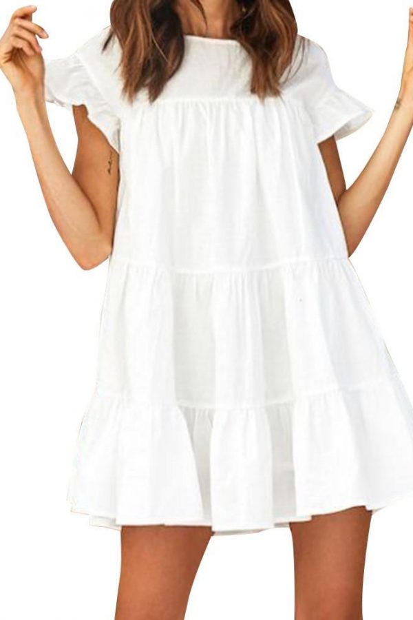 Women Casual Ruffle O Neck Short Sleeve Dress - Takalr