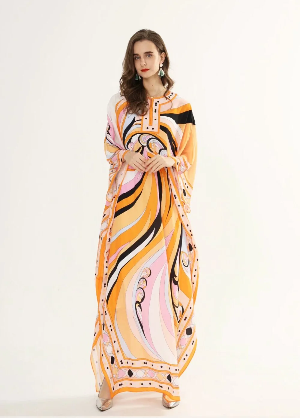 Autumn Women's Runway Dresses O Neck Batwing Sleeves Printed Loose Deisgn Plus Sizes Holiday Long Maxi Dresses - Image 2