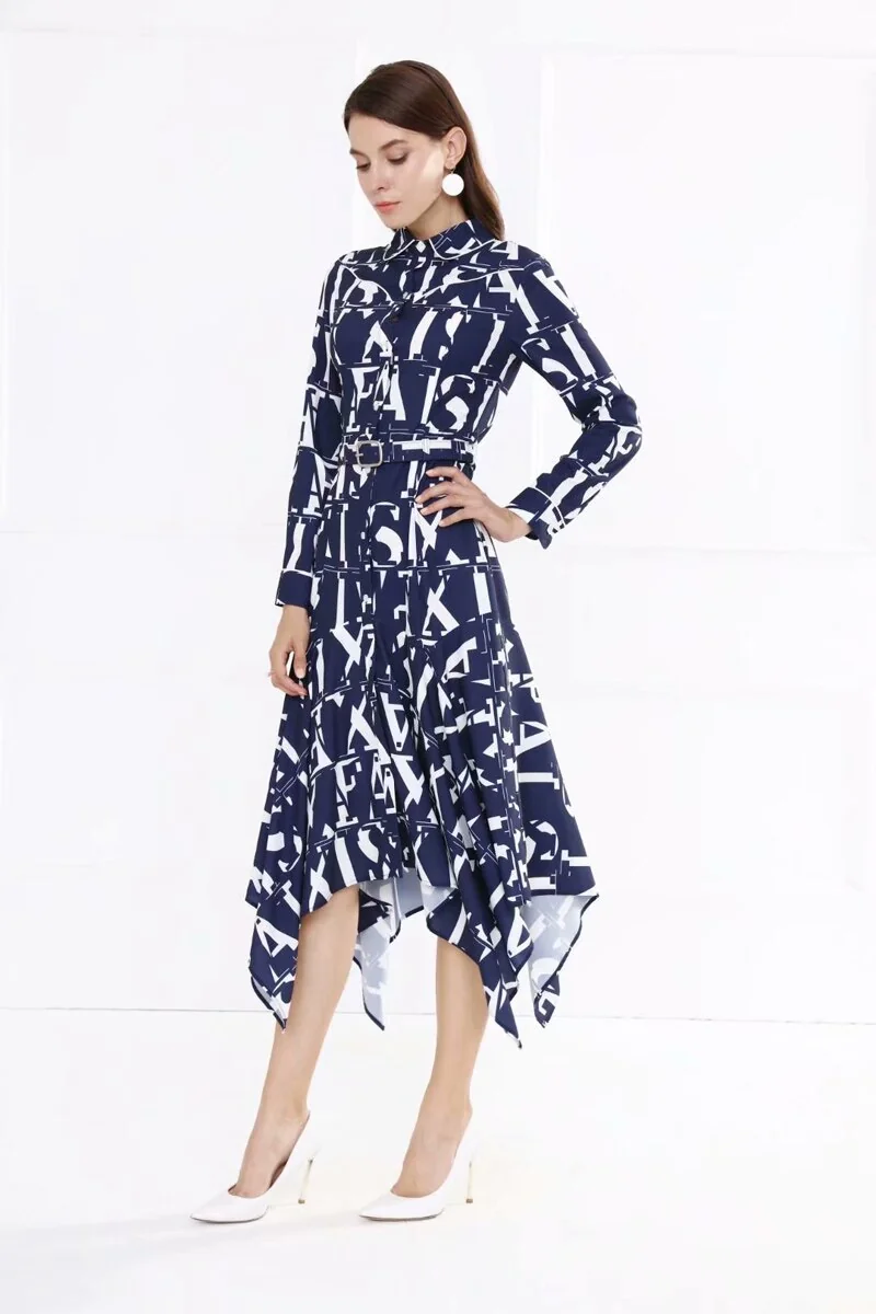 Women's Runway Dresses Turn Down Collar Long Sleeves Letters Printed Asymmetrical High Street Fashion Dress - Image 8