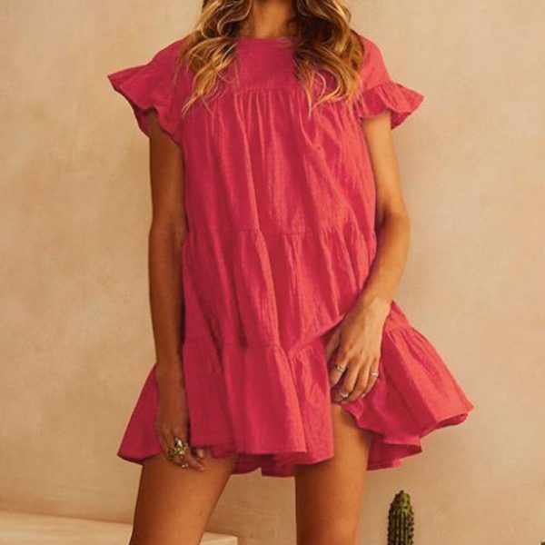 Women Casual Ruffle O Neck Short Sleeve Dress - Takalr