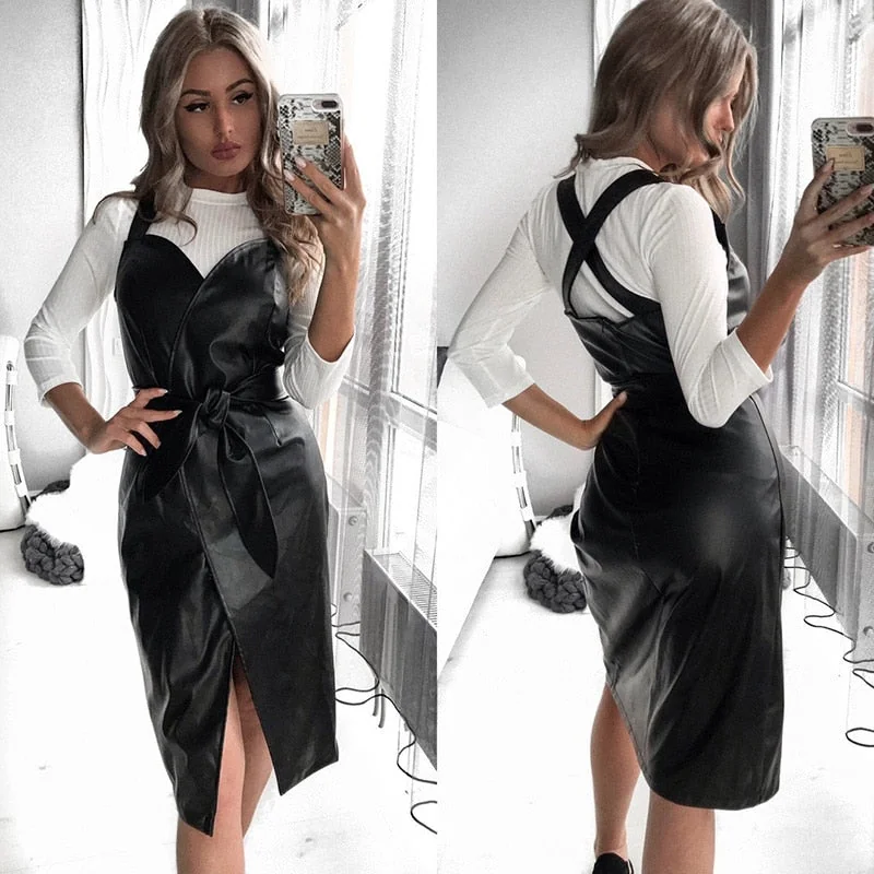 Women Sexy Sashes Pu Leather Sheath Party Dress Sleeveless Sling tight Cortex Winter Dress Fashion Midi Dress Vestidos - Image 3