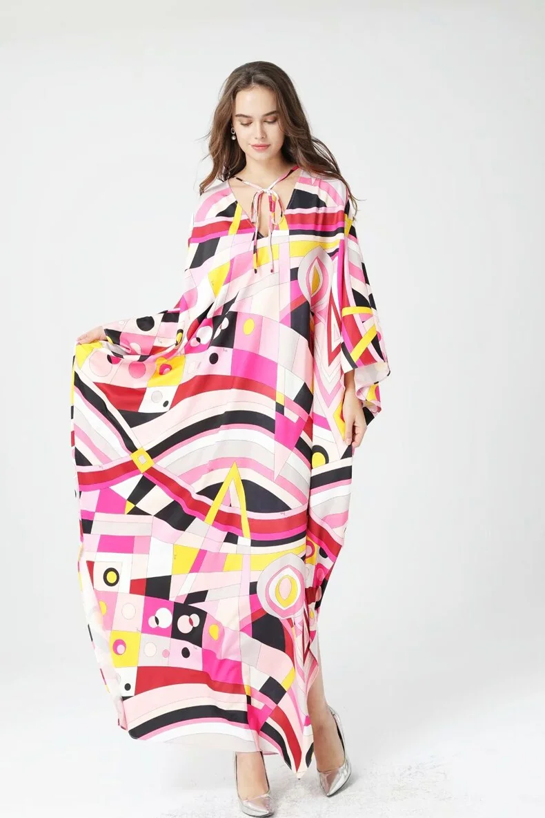 Women's Runway Dresses O Neck Batwing Sleeves Printed Lace Up Elegant Long Spring Robes Dresses Vestidos - Image 2