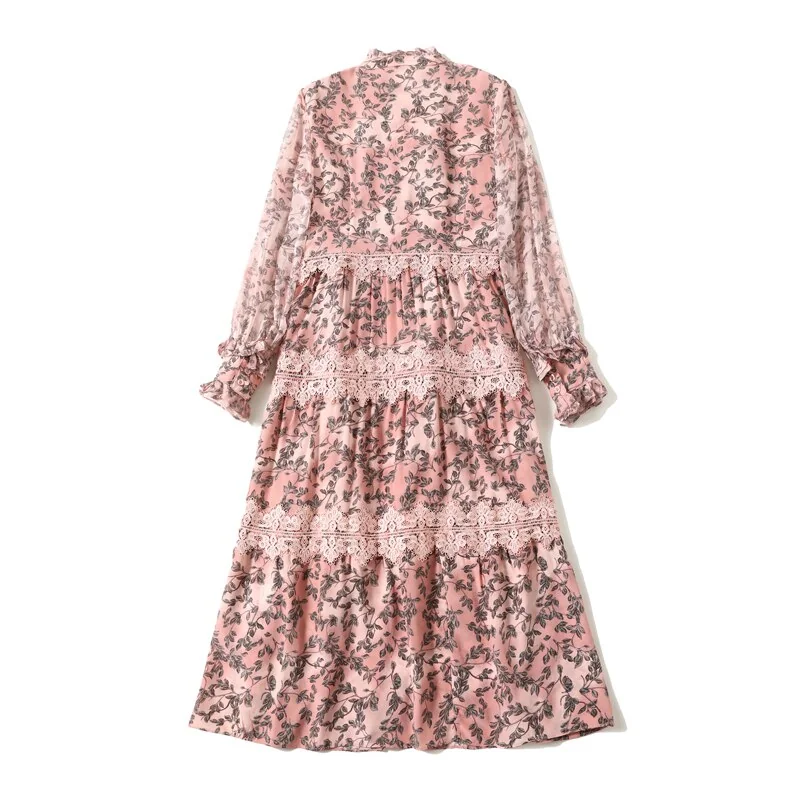 100% Natural Silk Women's Dresses O Neck Long Sleeves Ruffles Tired Lace Patchwork Printed Fashin Dress Vestidos - Image 9