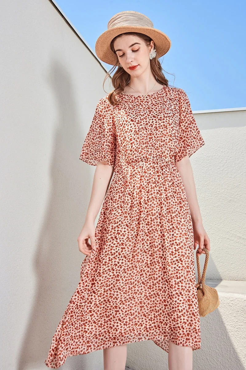 100% Silk Women's Runway Dresses O Neck Short Sleeves Printed High Street Fashion Summer Holiday Dresses - Image 2