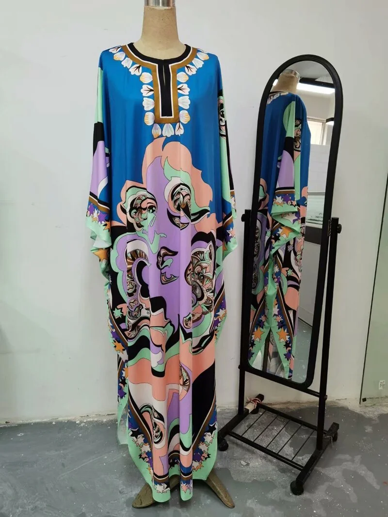 Autumn Women's Runway Dresses O Neck Batwing Sleeves Printed Loose Deisgn Plus Sizes Split Knitted Elastic Long Maxi Dresses - Image 7