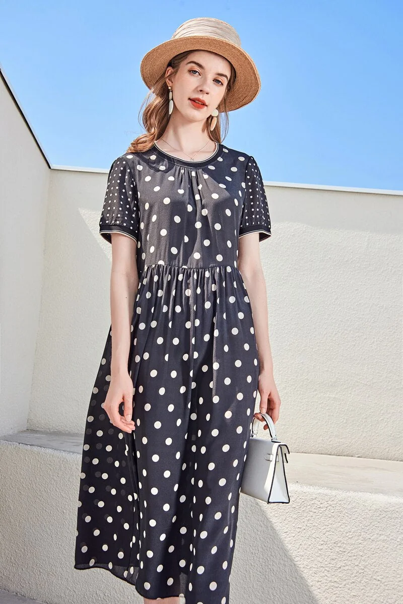 100% Silk Women's Runway Dresses O Neck Short Sleeves Polka Dots Printed Ruched Fashion High Street Summer Dresses