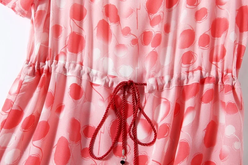 100% Silk Women's Dresses O Neck Short Sleeves Lace Up Waist Printed Fashion Summer Dresses - Image 10