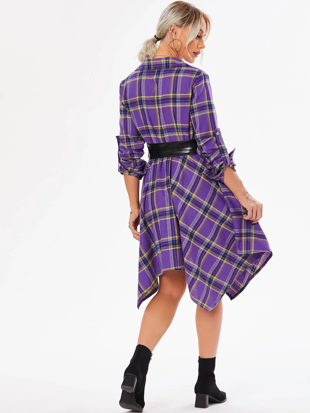 Handkerchief Dress Fashion Plaid Print Button Up Long Sleeve Shirt Dress Fall Clothes for Women Casual Short Dresses - Image 7